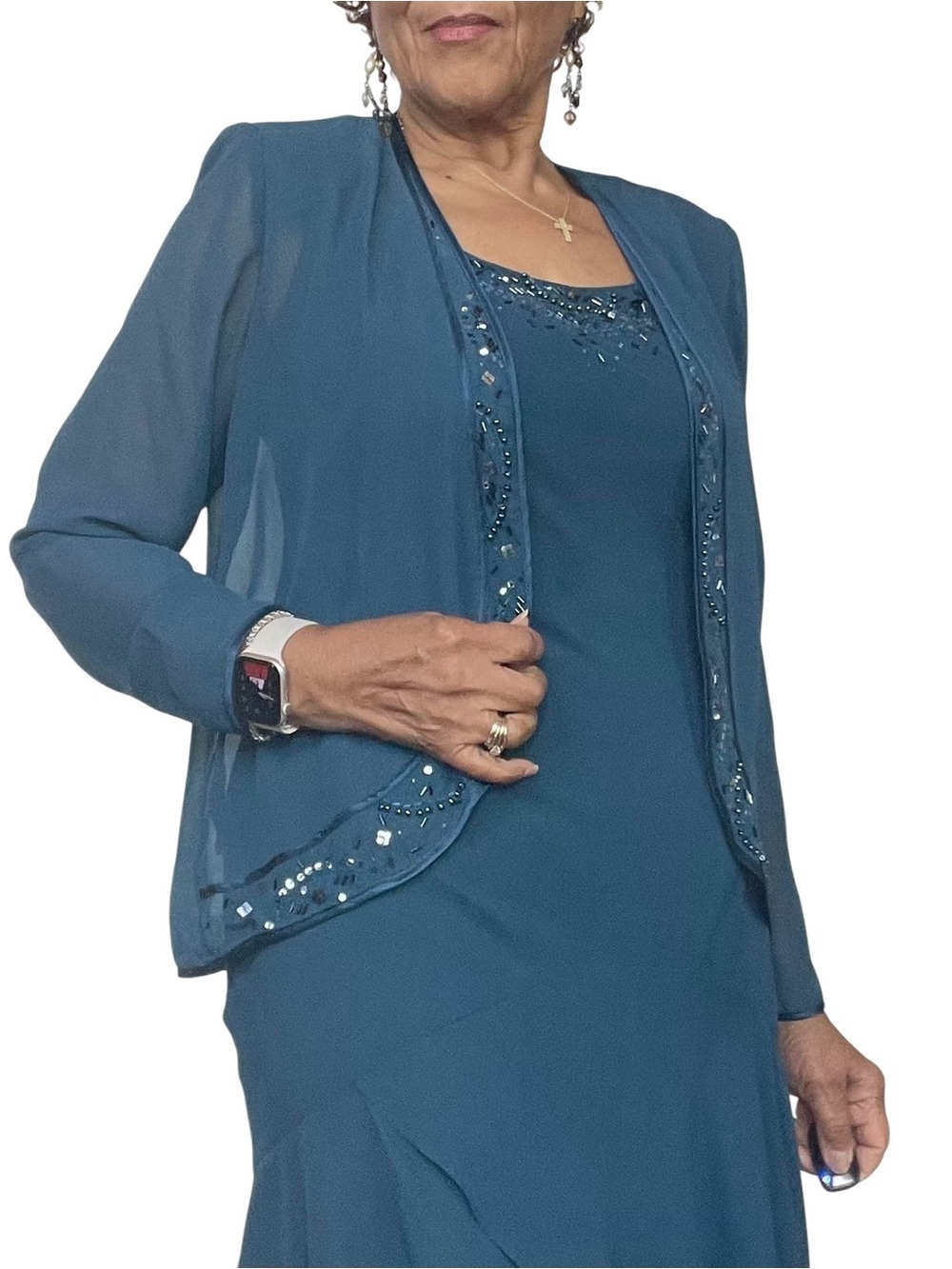 S.L. Fashions Teal Layered Midi Dress with Beaded Jacket - Picture 5 of 12